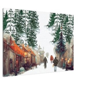 This design captures a Snow Prints scene of a rustic winter village nestled between tall evergreens, exuding warmth and charm despite the snowy surroundings.- Artisiem