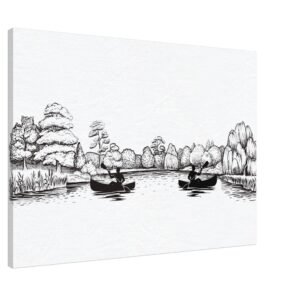 This elegant nature wall art print brings the quiet beauty of nature into focus. Featuring two canoeists gliding through a serene river, surrounded by intricately detailed trees- Artisiem