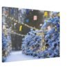 This snow prints celebrates the magic of winter with a pathway adorned by snow-laden trees twinkling with golden lights- Artisiem
