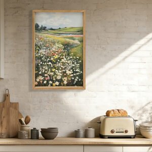 Framed Canvas Prints Art Vintage Decor, Classical Wildflower Field Meadow Flowers Painting, Rustic Landscape Large Wall Art For Living Room Bedroom Home Bathroom Wall Decor, 16x24inch